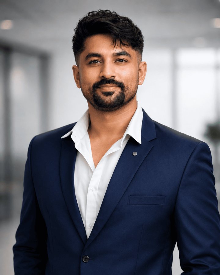 Portrait of Arunesh Dwivedi in a navy blazer